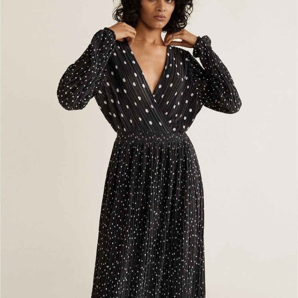 Mango Black and White Polka Dot Long Sleeve Dress